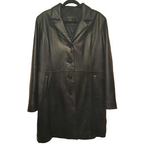 Vintage Tirage Black Mid-Length Leather Coat Women's L Buttons Pockets Lined
